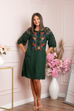 Rochie traditionala verde cu motiv floral multicolor Simona 05 [2]