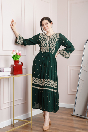 Rochie traditionala verde cu motiv geometric crem Virginia 04 [3]