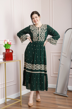 Rochie traditionala verde cu motiv geometric crem Virginia 04 [2]