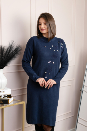 Rochie tricotata bleumarin Katherine cu flori in relief si paiete argintii [2]