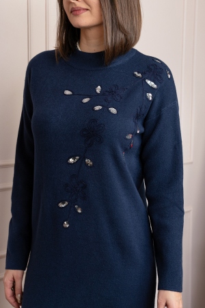 Rochie tricotata bleumarin Katherine cu flori in relief si paiete argintii [1]
