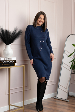 Rochii - Rochie tricotata bleumarin Katherine cu flori in relief si paiete argintii