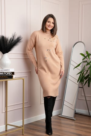 Rochii - Rochie tricotata crem Katherine cu flori in relief si paiete argintii