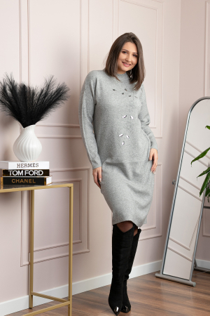 Rochii - Rochie tricotata gri Katherine cu flori in relief si paiete argintii