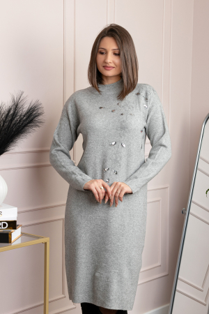 Rochie tricotata gri Katherine cu flori in relief si paiete argintii [2]
