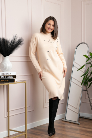 Rochii - Rochie tricotata ivoire Katherine cu flori in relief si paiete argintii