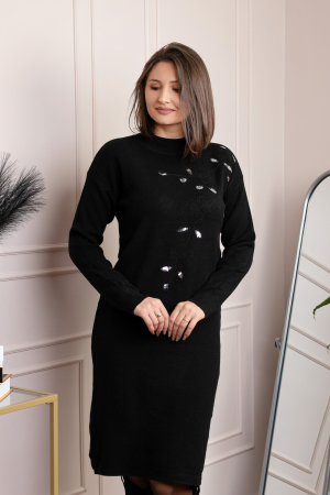 Rochie tricotata neagra Katherine cu flori in relief si paiete argintii [2]