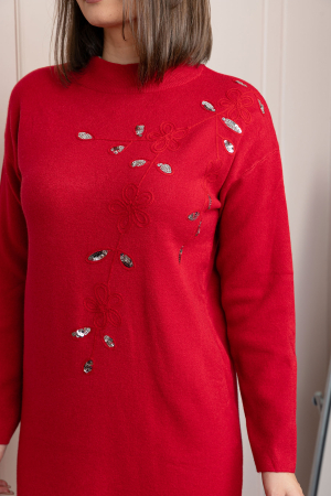 Rochie tricotata rosie Katherine cu flori in relief si paiete argintii [1]