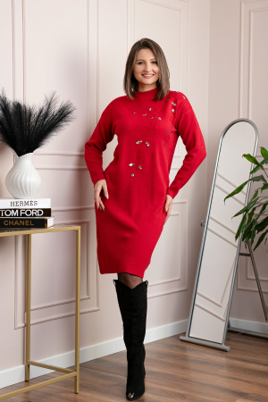 Rochii - Rochie tricotata rosie Katherine cu flori in relief si paiete argintii