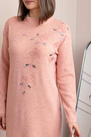 Rochie tricotata roz somon Katherine cu flori in relief si paiete argintii [1]