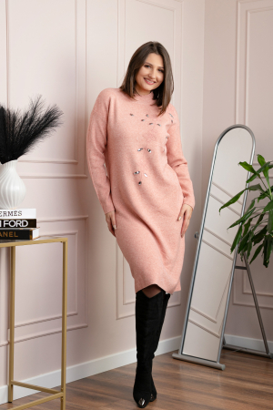 Rochii - Rochie tricotata roz somon Katherine cu flori in relief si paiete argintii