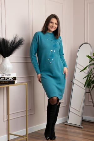 Rochii - Rochie tricotata turcoaz Katherine cu flori in relief si paiete argintii