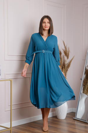 Rochii - Rochie turcoaz cu bust petrecut si curea in talie