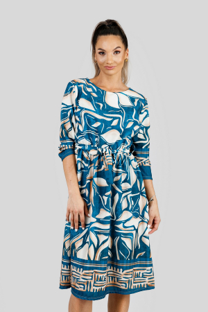 Rochie office turcoaz cu imprimeuri crem si maneci trei sferturi [2]