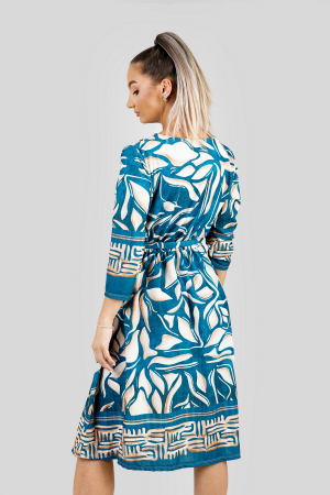 Rochie office turcoaz cu imprimeuri crem si maneci trei sferturi [3]
