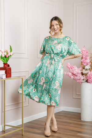 Rochie verde deschis cu imprimeuri mandala si volanas la maneci [3]