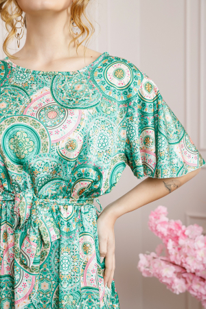 Rochie verde deschis cu imprimeuri mandala si volanas la maneci [1]