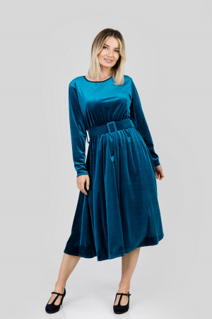 Rochie turcoaz din catifea cu centura in talie [3]