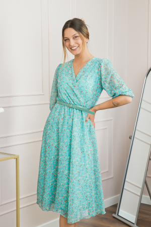 Rochie turcoaz din voal cu imprimeu floral si curea ajustabila [2]