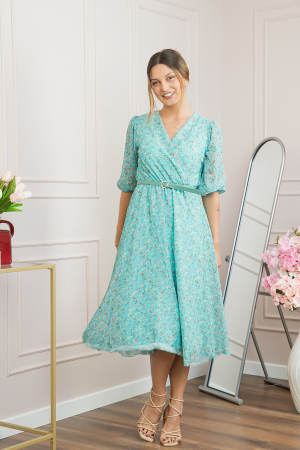 Rochie turcoaz din voal cu imprimeu floral si curea ajustabila [3]