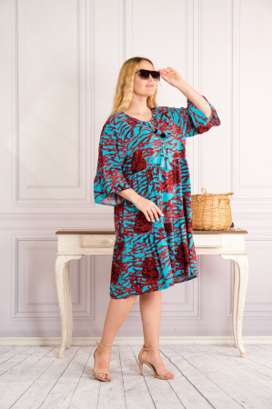 Rochie turcoaz midi boho chic cu imprimeuri florale rosii [1]