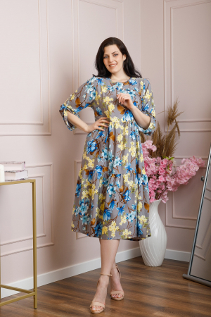 Rochii - Rochie vaporoasa Emmeline cu volane si imprimeuri florale - Gri