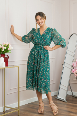 Rochie verde din voal cu imprimeu floral si curea ajustabila [3]