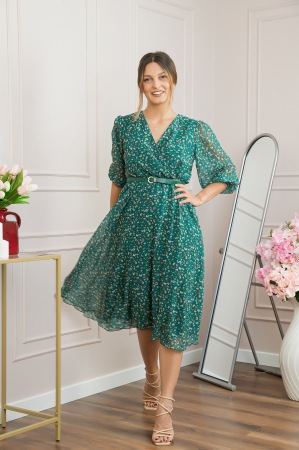 Rochie verde din voal cu imprimeu floral si curea ajustabila [0]
