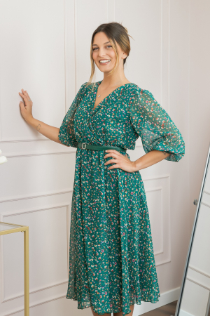 Rochie verde din voal cu imprimeu floral si curea ajustabila [2]