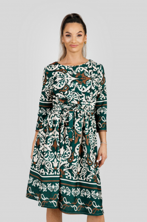 Rochie office verde smarald cu imprimeuri crem si maneci trei sferturi [2]