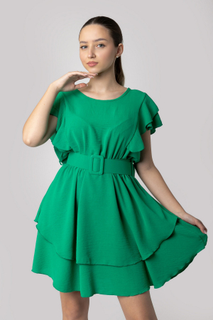 Rochie verde smarald cu volane si centura in talie [3]