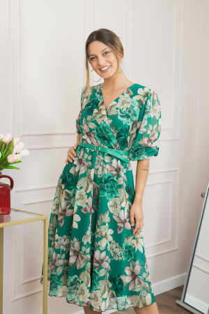 Rochie verde smarald din voal cu imprimeu floral si curea ajustabila [2]