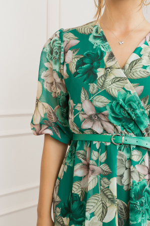 Rochie verde smarald din voal cu imprimeu floral si curea ajustabila [1]