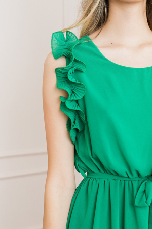 Rochie verde smarald din voal cu volane si cordon in talie [1]