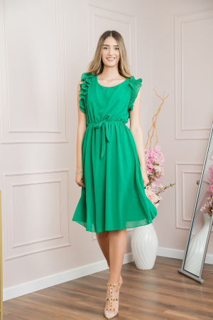 Rochie verde smarald din voal cu volane si cordon in talie [3]