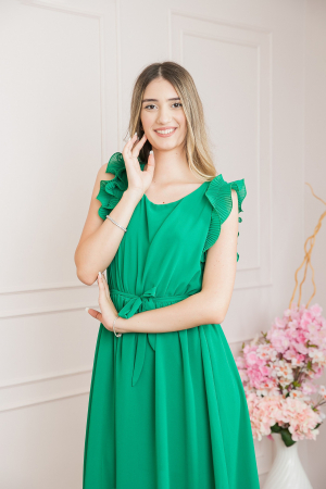Rochie verde smarald din voal cu volane si cordon in talie [2]