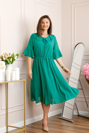 Rochie verde smarald vaporoasa cu elastic in talie si volanas la decolteu Allegra [2]