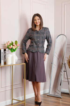 Sacou dama Audrey din material boucle cu carouri bej si nasturi decorativi [3]