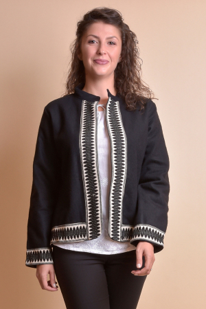 Veste si paltoane traditionale - Sacou traditional negru cu broderie geometrica alba Octavia