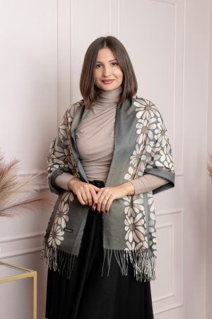 Esarfe si saluri - Sal dama kaki cu imprimeu floral si franjuri Anya
