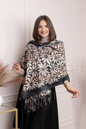 Sal dama negru cu imprimeu floral si franjuri Anya [2]