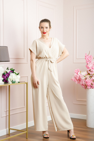 Salopeta ecru cu maneci scurte si cordon in talie [3]