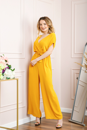 Salopeta galbena cu maneci scurte si cordon in talie [3]