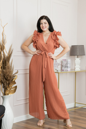 Salopeta plisata coniac cu volane si cordon in talie [3]