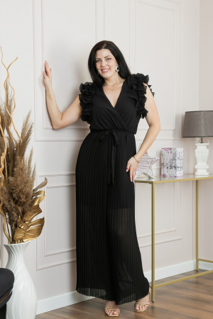 Salopeta plisata neagra cu volane si cordon in talie [3]