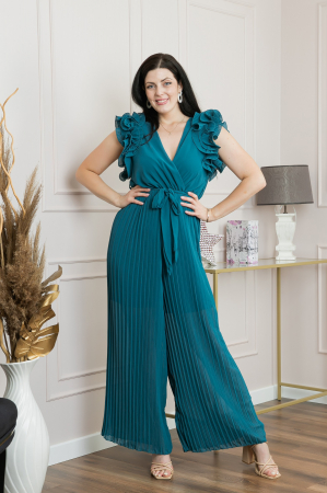 Salopeta plisata turcoaz cu volane si cordon in talie [3]