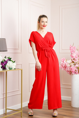 Salopeta rosie cu maneci scurte si cordon in talie [3]