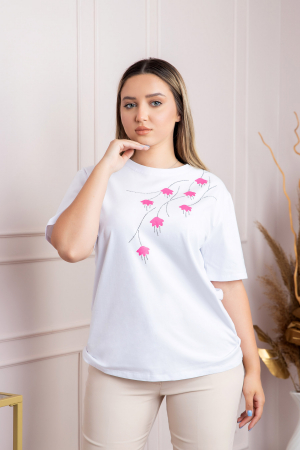 Tricou alb casual cu imprimeu floral roz [2]