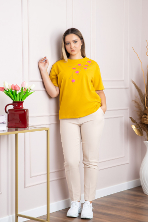 Tricou galben casual cu imprimeu floral roz [3]