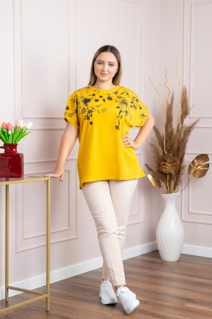 Tricou galben casual cu imprimeuri florale negre [3]